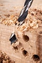 Drilling holes in raw wood. Carpentry drill in a carpentry workshop