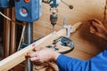 Drilling holes in a wooden board. Making wooden legs for easels. Joinery work