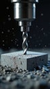 Drilling machine creates a hole in concrete sample. Precise industrial process tests material strength and durability. Focus on Royalty Free Stock Photo