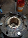 Drilling a new bolt hole in the ship& x27;s propeller shaft nut