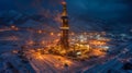 Drilling Operation Illuminated at Night in a Snowy Landscape Showcasing Advanced Extraction Technologies Generative AI Royalty Free Stock Photo