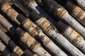 Drilling pipe. Rusty drill pipes were drilled in the well section. Downhole drilling rig. View of the shell of drill pipes and