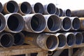 Drilling pipe. Rusty drill pipes were drilled in the well section. Downhole drilling rig. View of the shell of drill pipes and