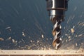 Drilling process Metal drill bit in industrial machine on wood