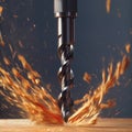 Drilling process Metal drill bit in industrial machine on wood Royalty Free Stock Photo