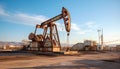 Drilling rig for extraction of fossil fuels and crude oil on the desert silhouette. Oil pump installation. Royalty Free Stock Photo