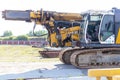 Drilling rig for the installation of bored piles in the transport position. Powerful construction machine. Pile foundations