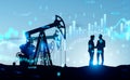 Drilling rig and two people communicate, stock market chart with Royalty Free Stock Photo