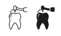 Drilling Tooth Silhouette and Line Icons Set. Dentist Drills Teeth, Endodontics Procedure. Root Canal Treatment Royalty Free Stock Photo