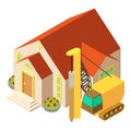 Drilling work icon isometric vector. Drilling machinery near new church building