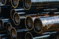 Drillpipe on Oil Rig Pipe Deck. Oil and gas industry. Work of oil pump jack on a oil field. Royalty Free Stock Photo