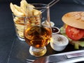 Drink alcohol bar beverage burger sauces blackplate blackbackground eat