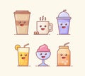 drink beverage icon set collection package with kawai style face with white isolated background and flat color outline style Royalty Free Stock Photo