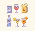 drink beverage icon set collection package with white isolated background and kawai emoticon face with flat color outline style Royalty Free Stock Photo