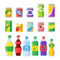 Drink beverages. Cold energy or fizzy soda beverage, sparkling water and fruit juice in glass bottles. Drinks vector icons Royalty Free Stock Photo