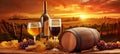 wine beverage drink sunset alcohol barrel grape glass winery bottle. Generative AI. Royalty Free Stock Photo