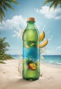 drink bottle with water splash in tropical beach background Royalty Free Stock Photo