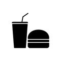 Drink Burger Black Silhouette Icon. Fast Junk Food Hamburger Cola Glyph Pictogram. Takeaway Lunch Cold Soda Beverage Royalty Free Stock Photo