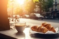 breakfast bar cup paris french drink france table croissant food. Generative AI.