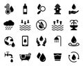 Drink Clean Water Silhouette Black Icon Set. Water Drop Ecology Liquid Glyph Pictogram. Faucet, Tap, Fountain, Soda