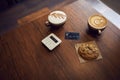 Drink And Cookie On Table In Coffee Shop With Contactless Payment Machine And Credit Card