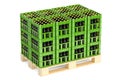 Drink crates with beer bottles on the wooden pallet, 3D rendering