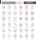 Drink flat thin red black line icons vector illustration set of coffee or tea cup and equipment, alcohol cocktails, cafe Royalty Free Stock Photo