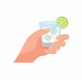 Drink gin tonic glass with lime slice and ice cubes. Hand holding alcohol drink, beverage cocktail for bar, pub restaurans or part Royalty Free Stock Photo