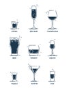 Drink glass. Alcohol concept. Beverage icon set. Line design. Vodka, wine, champagne, whiskey, liquor, beer, tequila, rum, martini