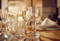 Drink, glass and dinner with party, celebration event with glassware, elegant and luxury in restaurant or banquet. Table Royalty Free Stock Photo