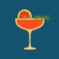 Drink glass with grapefruit and rosemary. Flat vector illustration with texture