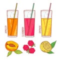 Drink. A glass with a straw. Raspberry, peach, lemonade. Set.
