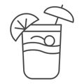 Drink in glass with umbrella and citrus slice thin line icon, summer concept, summer cocktail sign on white background