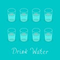 Drink 8 glasses of water. Cute face with eyes Healthy lifestyle concept. Infographic. Flat design.