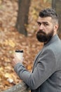 Drink it on the go. Man bearded hipster prefer coffee take away. Businessman bearded guy drink coffee outdoors. Hipster Royalty Free Stock Photo