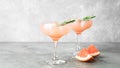 Drink grapefruit rosemary and ice two elegant glass goblets on gray concrete background. A refreshing summer cocktail. Royalty Free Stock Photo