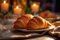 hot drink bakery drink croissant bokeh table food morning cup background breakfast background. Generative AI.