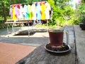 Drink hot black coffee espresso in the garden at home, Lop Buri, Thailand. In the morning, feeling fresh, clear