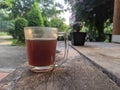 Drink hot black coffee espresso in the garden at home, Lop Buri, Thailand. In the morning, feeling fresh, clear
