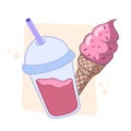 Drink and ice cream. Vector color sketch in cartoon style. Illustration of fast food