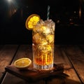 Drink with ice and a lemon slice standing on a bar table Royalty Free Stock Photo