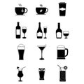 Drink icon set on black color. Drink alcohol icon collection isolated on white background. Sign of hot drink cup, cocktails
