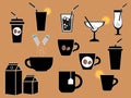 Drink. Icons. Hot and cold drinks, tea, coffee, cocktail and club soda.