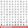 100 drink icons set, outline style Royalty Free Stock Photo