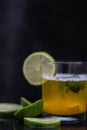 Drink, juice in a glass with a lemon slice, mint and cut lemons around Royalty Free Stock Photo