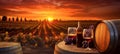 winery alcohol sunset grape glass drink beverage wine barrel bottle. Generative AI. Royalty Free Stock Photo