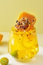 A drink made of passion fruit and lemon, a refreshing drink in summer, with a sweet and sour taste(Passiflora edulis