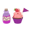 Drink me, eat me Cake and bottles isolated on white background. Vector graphics