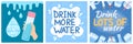 Drink more clean water cards. Detox motivational banners design. Healthy lifestyle. Glass and plastic containers. Bottle
