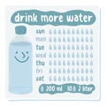 Drink more water. Water balance planner. How much water you drink a day. Vector isolated illustration